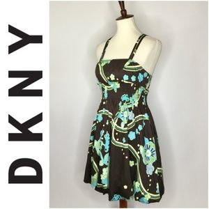 DKNY Dress S Bubble Hem POCKETS Brown Blue Green
